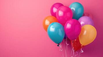 AI generated Bunch of bright balloons on pink background, space for text. photo
