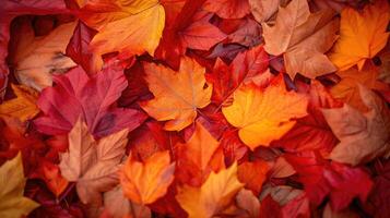 AI generated Red and orange autumn leaves background. Outdoor. Colorful backround image of fallen autumn leaves perfect for seasonal use. Space for text. photo