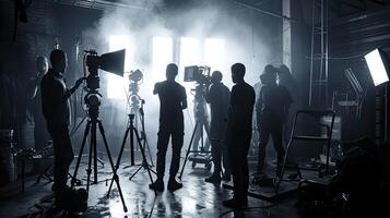 AI generated Silhouette images of video production behind the scenes. making of TV commercial movie that film crew team lightman photo