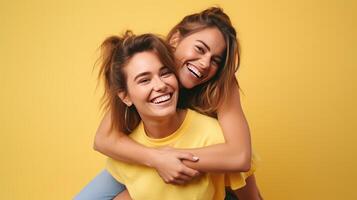 AI generated Two young women, dressed casually in t-shirts and jeans, are giving each other a piggyback ride while leaning on each other. They appear overjoyed and are having fun together photo