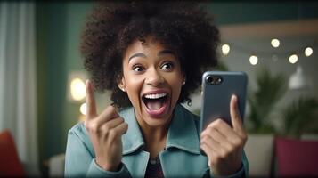 AI generated Energetic Afro-American Woman Celebrating Success at Home with Smartphone. Joyful Lady Sitting on Sofa, Expressing Satisfaction and Excitement. Positive Emotions, Technology photo