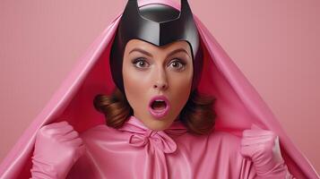 AI generated Emotional Female Superhero with Extraordinary Abilities, Ready for Heroic Deeds. Wearing Helmet, Rubber Gloves, and Cape. Isolated on Pink Background, Courageously Fighting Evil. photo