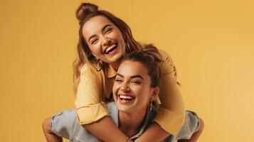 AI generated Two young women, are giving each other piggyback rides and leaning on each other. They appear overjoyed and are having fun together, with a strong bond of friendship and positive photo