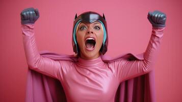 AI generated Female superhero with extraordinary abilities, ready to perform heroic deeds. She is making a flying gesture. She is courageously fighting evil on a pink background. photo