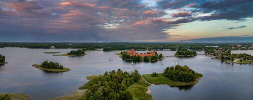 Aerial view of Trakai, over medieval gothic Island castle in Galve lake. photo