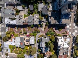 Panoramic view of aerial Lombard Street, an east west street in San Francisco, California. photo