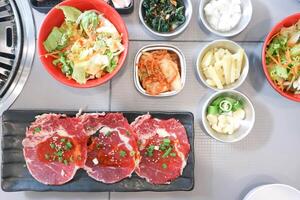raw beef , sliced beef or beef for cook and Korean salad photo