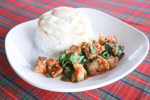 stir fried pork with basil and rice , sunny side up egg or stir fried bacon with basil photo