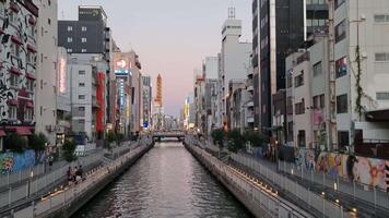 Osaka, Japon sur septembre 30, 2023. le dotonbori rivière sépare shinaibashi et namba, et le dotonbori pont est le réunion point pour ces deux voisin domaines. video