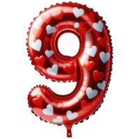 AI generated Red Heart Balloon Foil in Shape of Number 9 png