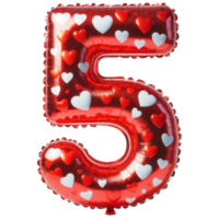 AI generated Red Heart Balloon Foil in Shape of Number 5 png