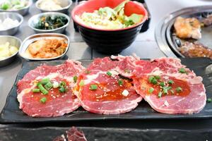 raw beef , sliced beef or beef for cook and Korean salad photo