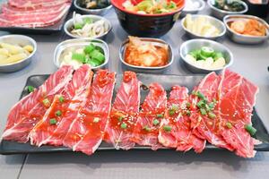 raw beef , sliced beef or beef for cook and Korean salad photo