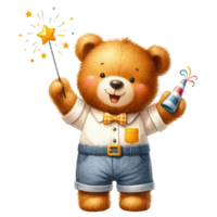 AI generated Cute teddy bear holding a firework. png