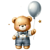 AI generated Cute teddy bear holding a balloon isolated. png