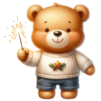 AI generated Cute teddy bear holding a firework. png