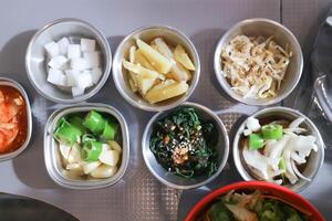 sprout salad , Korean salad and Kimchi or sewweed salad or Korean food photo