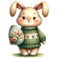 ai generiert süß Hase mit Ostern Ei und Blumen Illustration png