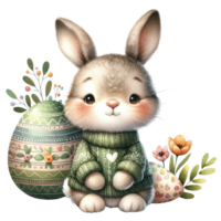 AI generated Cute Bunny with Easter Egg and Flowers Illustration png