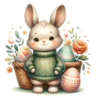 AI generated Bunny with Basket of Decorated Easter Eggs png