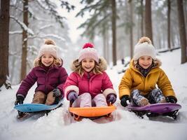 ai generado pequeño niños caminando en el Nevado bosque foto