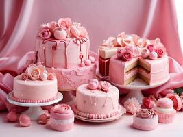 AI generated delicate delicious pink cakes and pies for Valentine's Day photo
