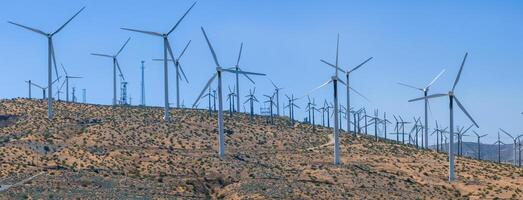 Palm Springs Wind Turbine Farm Amidst Rolling Hills on Sunny Day with Clear Blue Sky photo