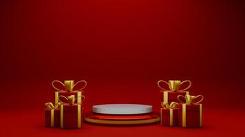 3D rendered red and gold valentine themed podium display featuring of gift boxes photo