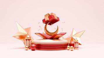 3D Render Ramadan Background with gift box, eclipse and islamic ornaments photo