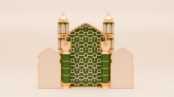 3d hacer Ramadán antecedentes con mezquita, pilar y islámico adornos foto