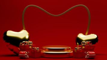 3D rendered red and gold valentine themed podium display featuring of gift boxes and love balloons photo