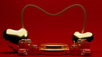 3D rendered red and gold valentine themed podium display featuring of gift boxes and love balloons photo