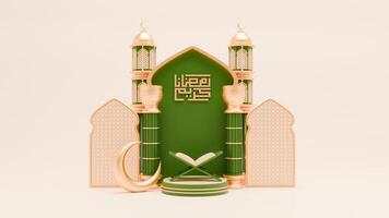 3D Render Ramadan Background with mosque, quran, pillar and islamic ornaments photo