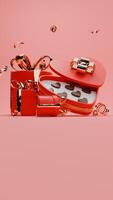 3D rendered red and gold valentine themed of love gift boxes, and confetti for social media story photo