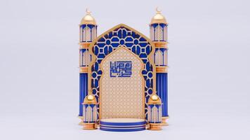 3d hacer Ramadán podio antecedentes con mezquita, pilar y islámico adornos foto