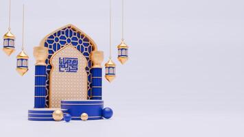 3d hacer Ramadán podio antecedentes con mezquita, pilar y islámico adornos para bandera modelo foto