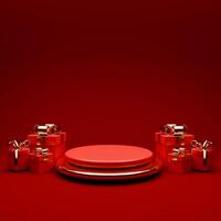3D rendered red and gold valentine themed podium display featuring of gift boxes for social media post template photo