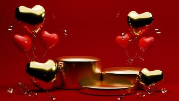 3D rendered red and gold valentine themed podium display featuring of confetti and love balloons photo