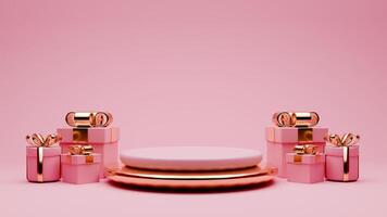 3D rendered pink and gold valentine themed podium display featuring of gift boxes photo