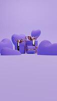 3D rendered purple and gold valentine themed of gift boxes, and love balloons for social media story photo