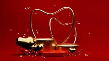 3D rendered red and gold valentine themed podium display featuring of confetti and love balloons photo