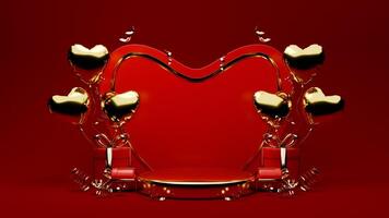 3D rendered red and gold valentine themed podium display featuring of confetti, gift boxes, and love balloons photo