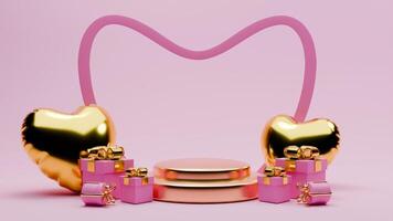 3D rendered pink and gold valentine themed podium display featuring of gift boxes and love balloons photo