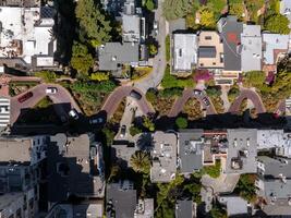 Panoramic view of aerial Lombard Street, an east west street in San Francisco, California. photo