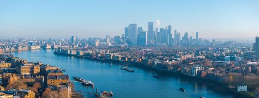 Aerial view of the Canary Wharf business district in London. photo
