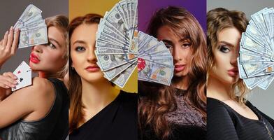 Collage. Females in stylish dresses. Showing fans of hundred dollar bills, aces and red chip, posing on colorful backgrounds. Poker, casino. Close-up photo