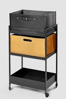 Two woven storage containers, in black leather and yellow suede on office cart photo