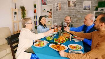 Zoom in shot of family drinking red wine at dinner with delicious food. video