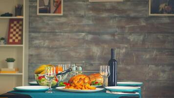 Delicious baked chicken on the table for family dinner. video