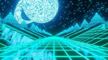 Synthwave sci fi landscape in seamless loop. 3D render animation. 80s vintage arcade look video